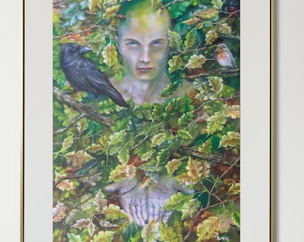 May include: A painting of a person with a bald head surrounded by green leaves. The person has a pale complexion and is looking directly at the viewer. A black crow is perched on a branch behind the person's head. A small red robin is perched on a branch to the right of the person's head.