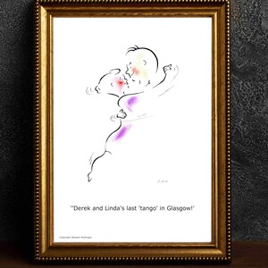 Humoristische dansende cartoon: unieke aangepaste kunst voor elke gelegenheid, aangepast verjaardagscadeau, gepersonaliseerd bijschrift op karikatuurillustratie