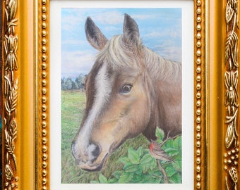 Kunstafdruk paard en roodborstje: pasteltekening paard