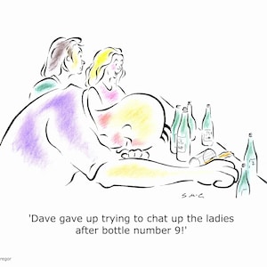 Hilarische aangepaste cartoon van man dronken in pub, grappige ondertiteling tekening, geïndividualiseerde humoristische illustratie, leuke gepersonaliseerde kunstprint