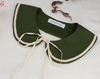 Green detachable linen collar, removable collar, blouse collar, collar with hand sewn trim, cottagecore accessories