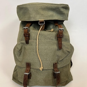 Vintage Swiss Army Military Backpack Rucksack Canvas Leather Salt & Pepper 1955