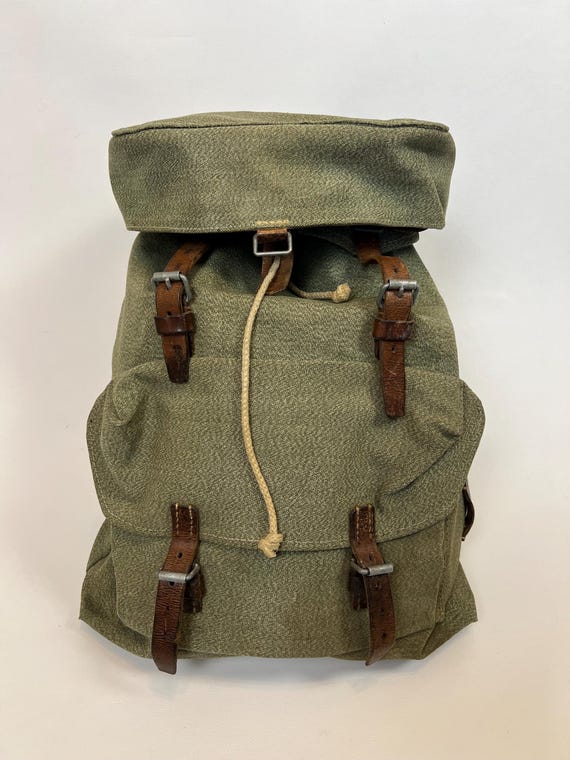 Vintage Swiss Army Military Backpack Rucksack Canvas Leather Salt
