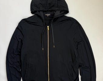 Sudadera con capucha y cremallera Versace Underwear negra con bajo de greca, talla 6 L / XL