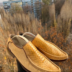 Op de afbeelding: Een paar bruinleren instappers met een slangenpatroon. De schoenen hebben een ronde neus, een bruine zool en een decoratief accent aan de zijkant. De schoenen worden tegen een vage achtergrond van bomen en gebouwen gehouden.