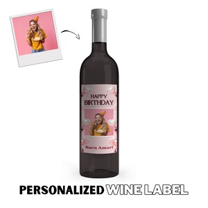 4 etichette personalizzate per bottiglie di vino per il compleanno. Regalo. Decorazione di compleanno. Etichette dei vini con foto del volto del celebrante, con il nome.