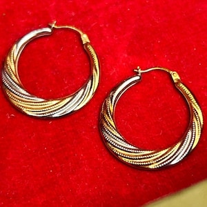 9ct Yellow Gold Hoops | Hallmarked Solid Gold Round Hoops | Womens Gold Hoop Earrings | Tri-colour creole hoops | Vintage Gold Hoops