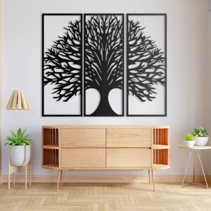 Elegant triptych tree of life metal wall art - Laser cut decor in black, white & gold - Modern home accent for stylish interiors