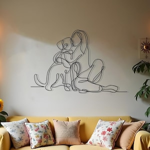 Woman Cuddled with Dog Metal Line Wall Art | Gift for Dog Lovers | Dog Lovers Line Art Metal Wall Decor | National Pet Day | Metal Wall Art