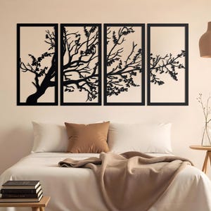 4 Tree Branch Metal Wall Panel | Tree of Life Wall Art Framed | Extra Large Metal Wall Art Outdoor | Living Room 4 Panel Abstract Wall Art