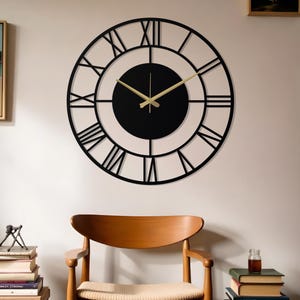 Roman Numeral Wall Clock, Large Mid Century Modern Metal Wall Clock, Industrial Clock Gift, Unique Silent Wall Clock Gift, Brown Wall Clock