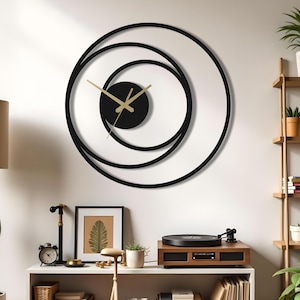 Modern cirkelformad väggklocka i metall | Svart minimalistisk geometrisk väggklocka | Stor lantlig väggklocka