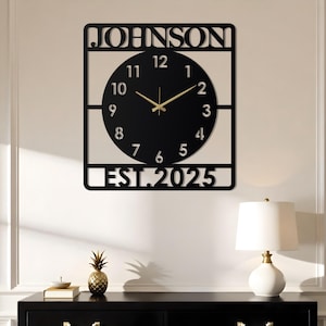 May include: Black metal wall clock with the name "JOHNSON" at the top and "EST.2025" at the bottom. The clock face is black with gold hands and numerals. The clock is square with a circular clock face.