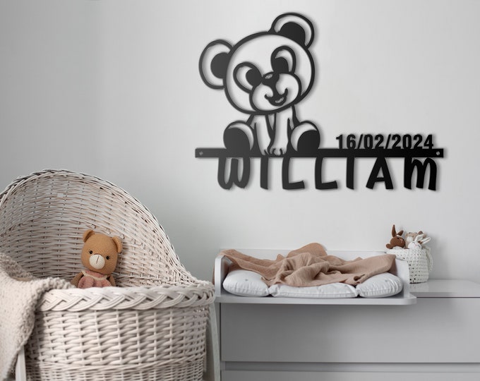 Personalized Metal Wall Decor with Adorable Bear Design - Customizable Name and Date - Unique Home Accent for Nursery or Bedroom