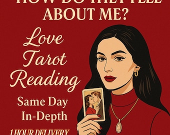 Puede incluir: Ilustración de una mujer sosteniendo una carta del tarot con una pareja besándose. La imagen tiene texto que dice: "HOW DO THEY FEEL ABOUT ME? Love Tarot Reading Same Day In-Depth 1 HOUR DELIVERY TIME". El fondo es rojo.