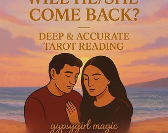 May include: A tarot card reading service advertises a 3 card reading with a 24-28 hour delivery time. The ad features a couple standing on a beach at sunset with the text "WILL HE/SHE COME BACK? DEEP & ACCURATE TAROT READING gypsygirl magic 3 CARD READING, 24-28 HOUR DELIVERY".