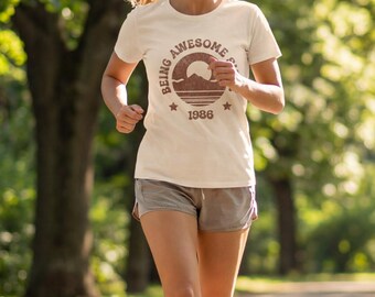 Being Awesome Since 1986 T-Shirt | Retro Mountain Sunset Tee