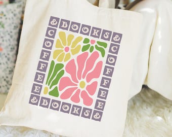 Boho Floral Canvas Tote Bag, Cotton Tote Bag for Book and Coffee Lovers,  Book Club Gift, Reading Bag, Library Tote, Literary Gift, Bookworm