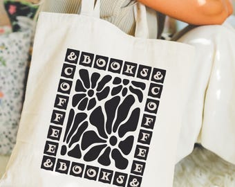 Boho Floral Canvas Tote Bag, Cotton Tote Bag for Book and Coffee Lovers,  Book Club Gift, Reading Bag, Library Tote, Literary Gift, Bookworm
