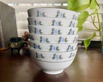 Vintage Liling China Rice Soup Bowls Set of Six Blue Floral