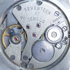 May include: Close-up of a watch movement with visible gears, screws, and the text "SEVENTEEN 17 JEWELS". The mechanism is housed in a square, silver-colored frame. The intricate design showcases the internal workings of a timepiece.