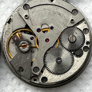 May include: Close-up of a vintage watch movement, showcasing intricate gears, screws, and a balance wheel. The metal components are silver and gold, with red jewels. The watch mechanism is a complex assembly of small parts.