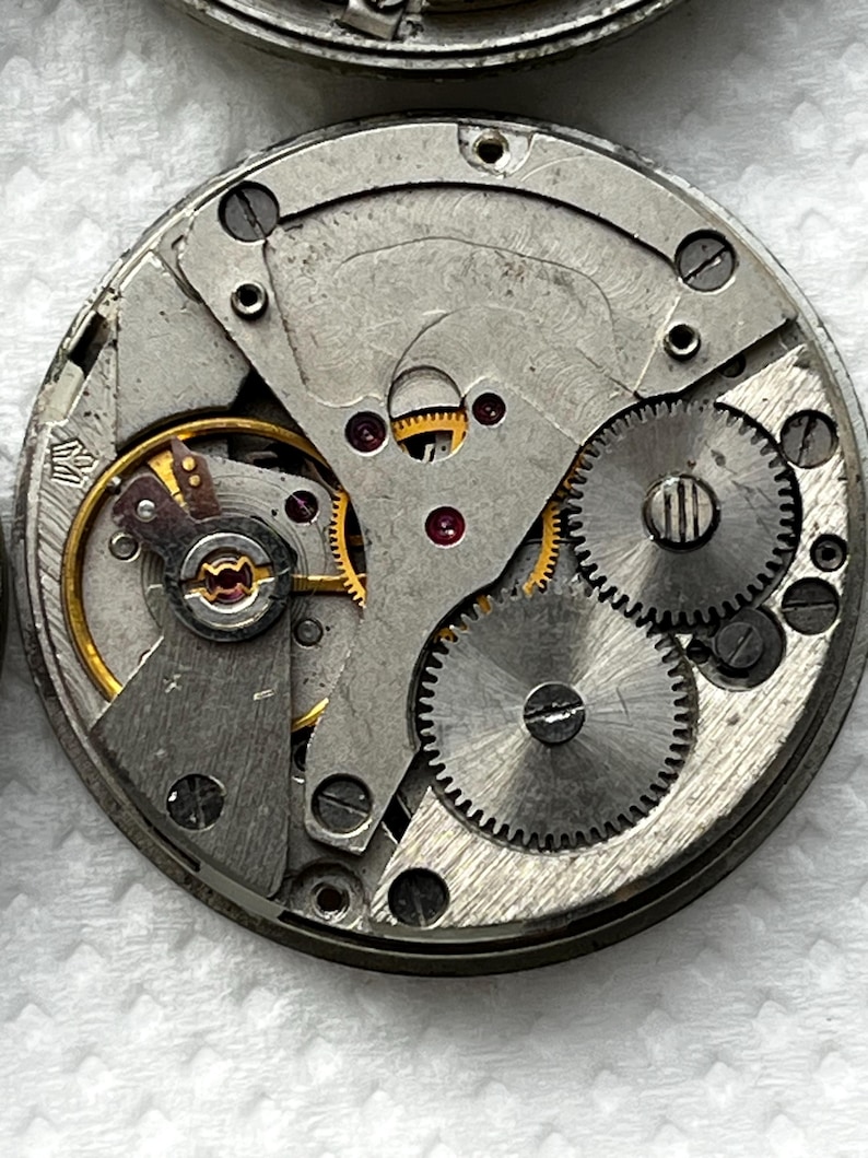May include: Close-up of a vintage watch movement, showcasing intricate gears, screws, and a balance wheel. The metal components are silver and gold, with red jewels. The watch mechanism is a complex assembly of small parts.