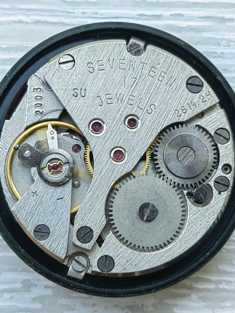 May include: Close-up of a watch movement with visible gears, screws, and the text "SEVENTEEN 17 JEWELS". The metal components are silver and gold, set within a black circular frame. The watch mechanism is intricate and detailed.