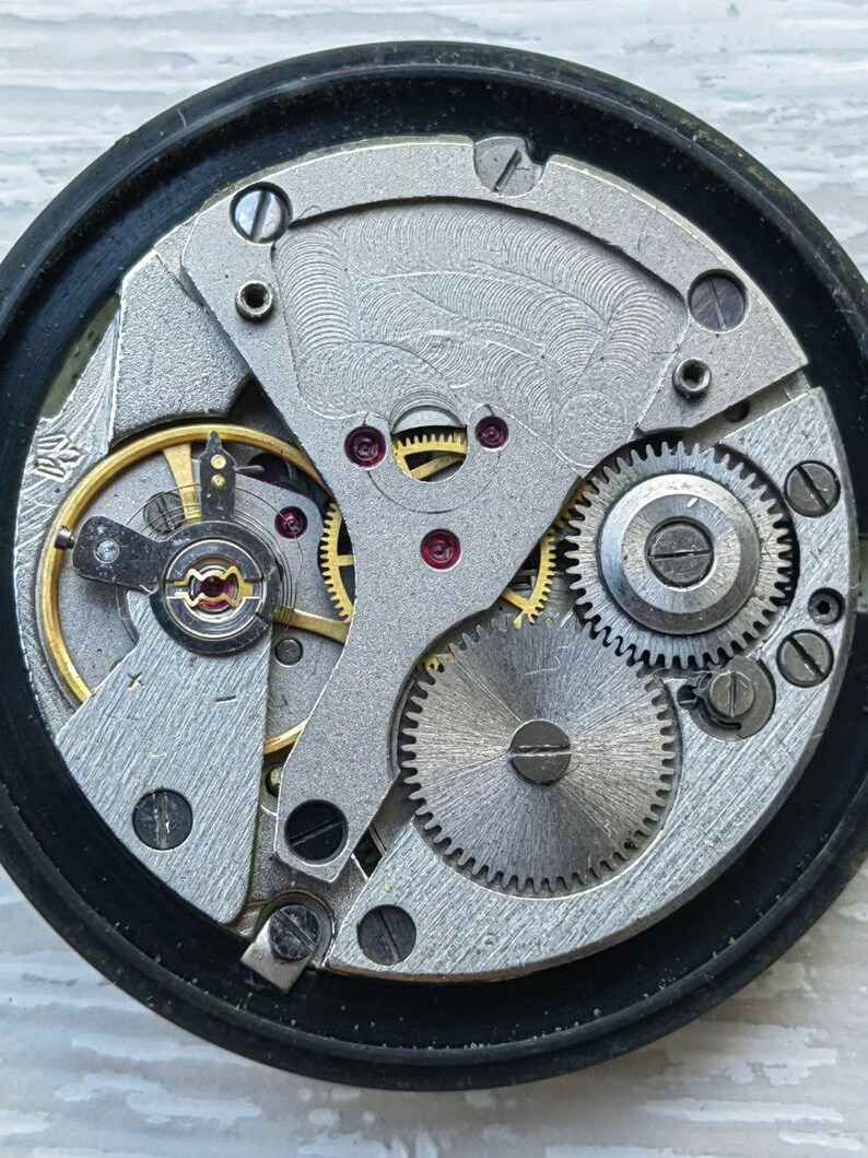 May include: Close-up of a watch mechanism with intricate gears, springs, and jewels. The metal components are silver and gold, set within a black circular frame. The detailed design showcases the inner workings of a timepiece.