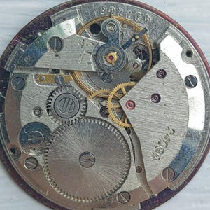 K&ouml;nnte beinhalten: Nahaufnahme eines Uhrwerks mit komplizierten Zahnr&auml;dern, Federn und einer Unruh. Die Metallkomponenten sind silber- und goldfarben, mit einem dunkelviolett-braunen Au&szlig;enring. Zahlen sind auf dem Metall sichtbar.