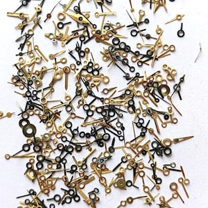 Può includere: Un vasto assortimento di lancette per orologi in oro e nero. Le lancette sono di diverse dimensioni e stili, alcune hanno un piccolo anello all'estremità.