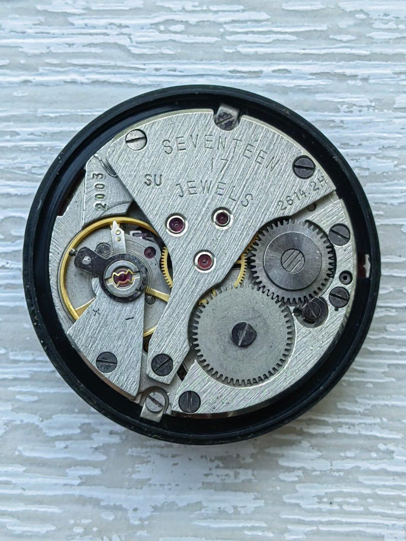May include: Close-up of a watch movement with visible gears, screws, and the text "SEVENTEEN 17 JEWELS". The movement is housed in a black circular frame. The image shows intricate mechanical details.