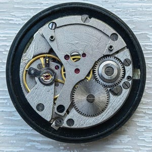 May include: Close-up of a watch movement, showcasing intricate gears, springs, and other mechanical components. The watch mechanism is set within a black circular frame. The gears are silver and gold, with red jewels.