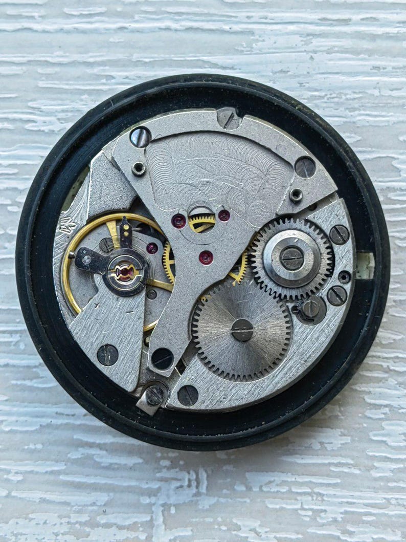 May include: Close-up of a watch movement, showcasing intricate gears, springs, and other mechanical components. The watch mechanism is set within a black circular frame. The gears are silver and gold, with red jewels.