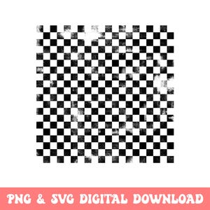 Puede incluir: Un diseño digital con un patrón de tablero de ajedrez en blanco y negro desgastado. El diseño tiene una estética grunge, con una apariencia descolorida. El texto "PNG & SVG DIGITAL DOWNLOAD" se muestra en una pancarta rosa en la parte inferior.