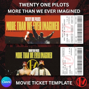 Puede incluir: Dos plantillas de entradas de cine con el texto "TWENTY ONE PILOTS MORE THAN WE EVER IMAGINED". Las entradas tienen un esquema de color rojo y negro con el logotipo de la banda. Una entrada muestra una actuación en vivo en Ciudad de México.