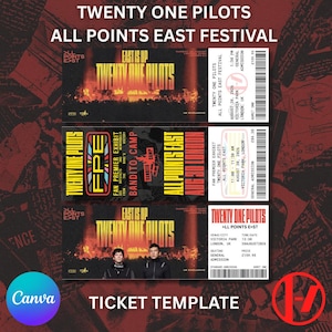 May include: A ticket template for the Twenty One Pilots All Points East Festival. The design includes the band's name, event details, and a photo of the band members. The template has the text "Ticket Template" at the bottom.