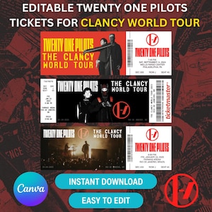 Könnte beinhalten: Bearbeitbare Twenty One Pilots Tickets für die Clancy World Tour. Die Tickets zeigen das Bandlogo und Konzertdetails. Das Bild enthält den Text "Instant Download" und "Easy to Edit".