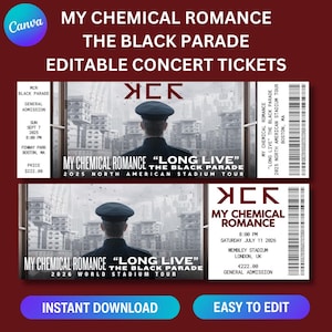 Könnte beinhalten: Bearbeitbare Konzertkarten für My Chemical Romances "The Black Parade" Tour. Das Design zeigt ein Bandmitglied in schwarzer Uniform. Eine Karte ist für Boston, MA, und die andere für London, UK. Enthält den Text "Sofort-Download" und "Einfach zu bearbeiten."