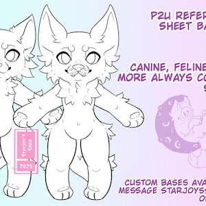 May include: Line art of two cartoon canine characters with open arms, featuring fluffy fur and large eyes. Text includes "P2U REFERENCE SHEET BASES!" and "CANINE, FELINE, AND MORE ALWAYS COMING SOON!" A pink tag reads "Starjev's Shop 2025".