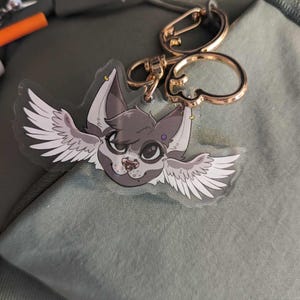 Peut inclure: Un porte-clés en acrylique transparent représentant une tête de loup ailé de style dessin animé avec une fourrure grise et blanche. Le porte-clés a un fermoir et un anneau dorés, sur fond vert.