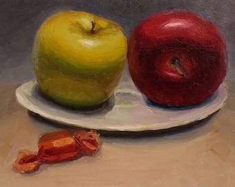 Original Apple Still Life Oil Painting, Red Green Apples, Plate, Candy, Small Art Kislicina