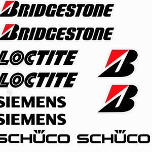 May include: A collection of adhesive decals featuring corporate logos. The set includes two Bridgestone wordmarks, two Loctite wordmarks, two Siemens wordmarks, two Schüco wordmarks, and two Bridgestone B-mark logos in black, white, and red.