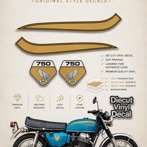 Op de afbeelding: Een set Honda CB750 K vinylstickers met twee lange gouden zijstrepen en twee emblemen voor de zijkappen met het getal 750 en een gevleugeld logo. De afbeelding bevat technische diagrammen van de gelaagde opbouw van het vinyl.