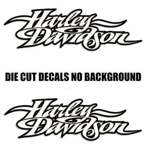 Könnte beinhalten: Zwei Harley Davidson Stanzaufkleber mit weißem und schwarzem Design. Die Aufkleber zeigen das Harley Davidson Logo in einer stilisierten Schriftart. Der Text "DIE CUT DECALS NO BACKGROUND" ist in fetten, schwarzen Buchstaben gedruckt.