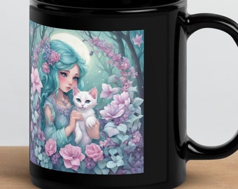 Fae Maiden with kitten and flowers double sided black mug