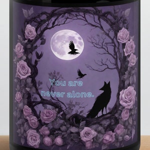 You are Never Alone, foxbird, ravens, purple roses, on black mug
