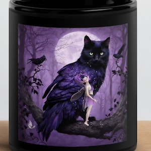 Catbird and Fairie beneath a full moon - black mug