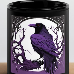 Purple raven under a full moon -  black mug