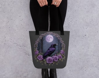 Raven under Moon, dark grey tote bag